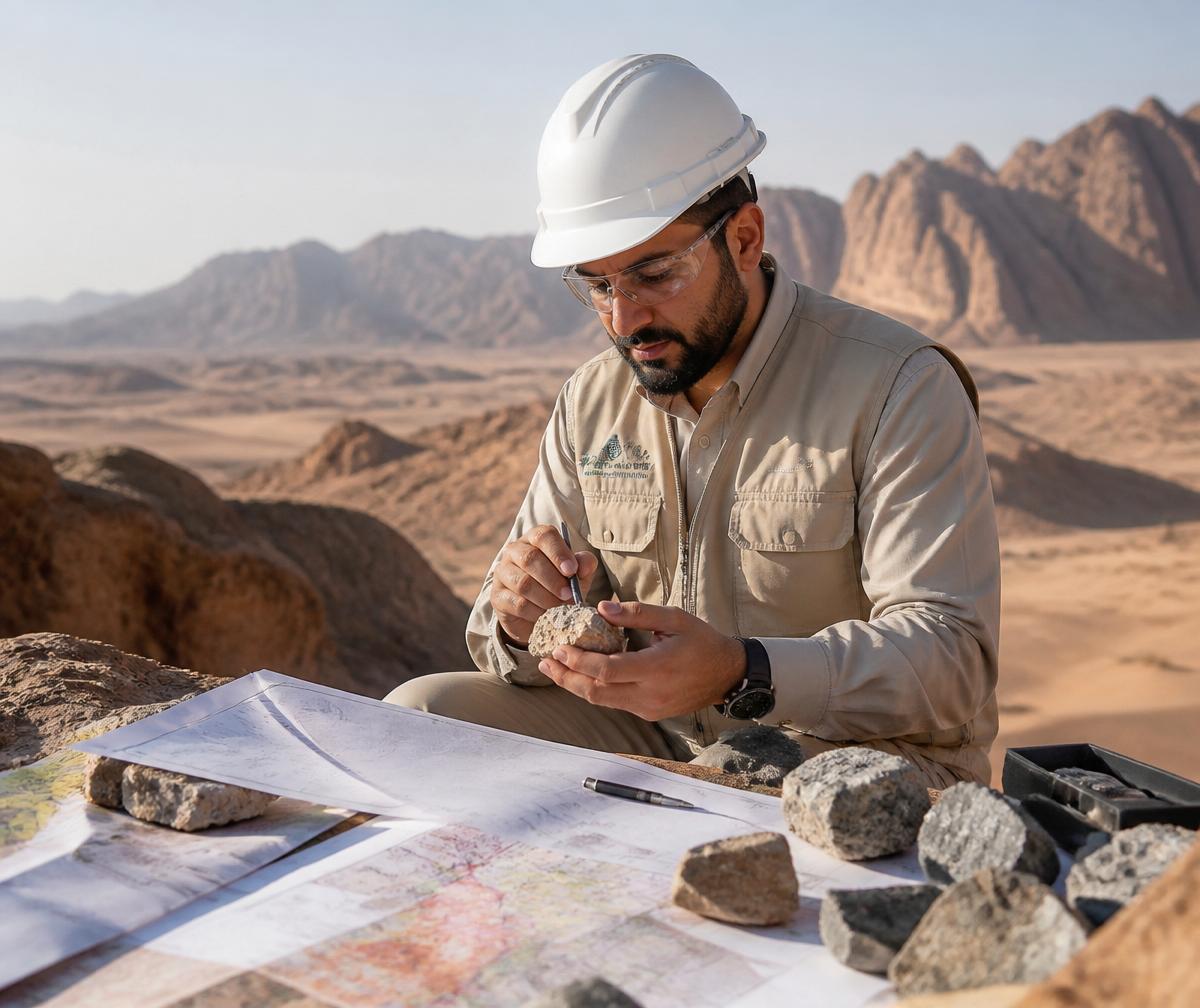 Geologist examining rock samples and maps in the Saudi desert